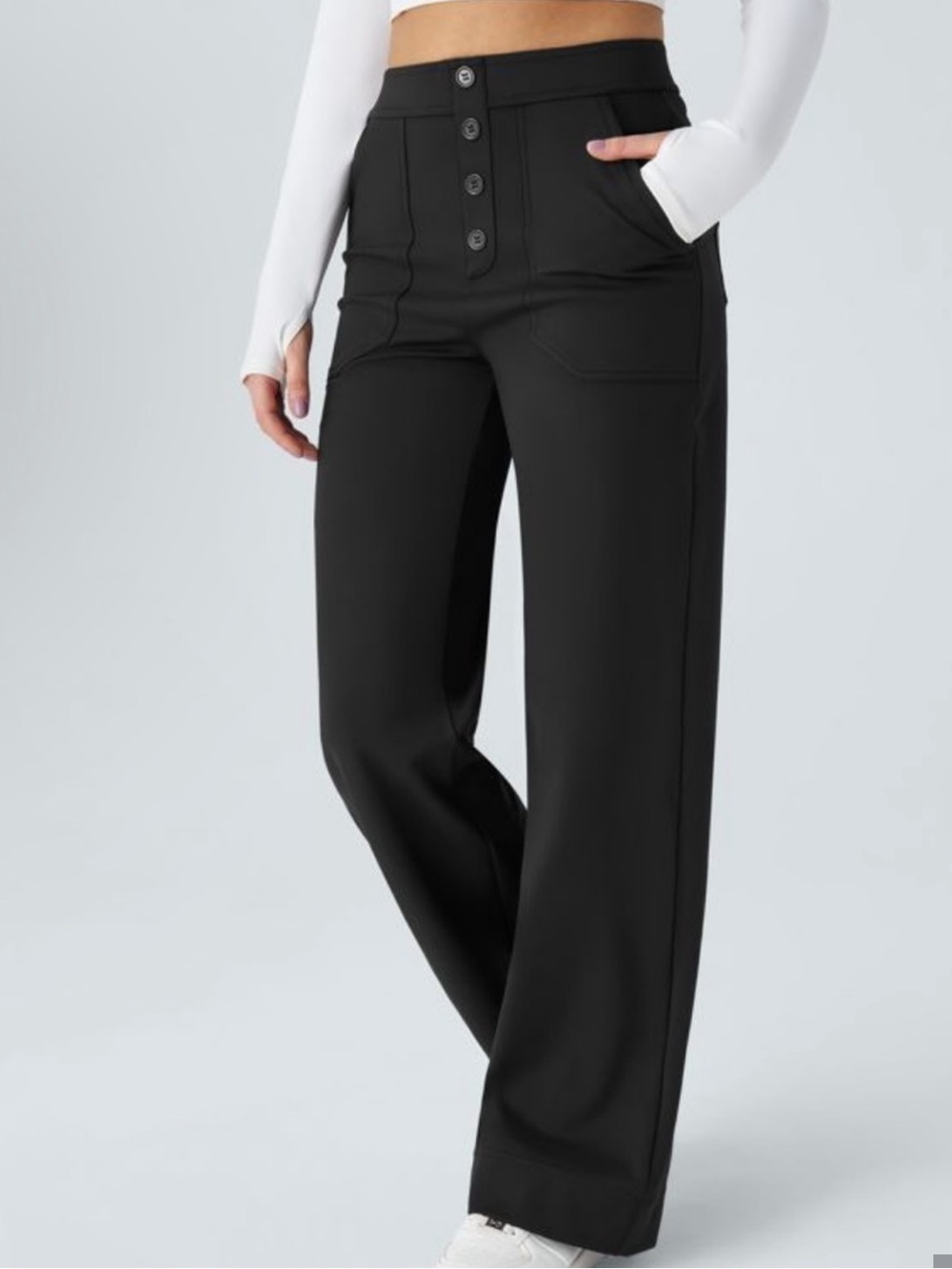 HALARA Black High-Rise Wide-Leg Button-Front Pants